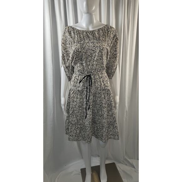 Ann Taylor Loft Printed Drawstring Waist Tiered Dress, Ivory/Black, Sz: S, 81-32 - Picture 1 of 14